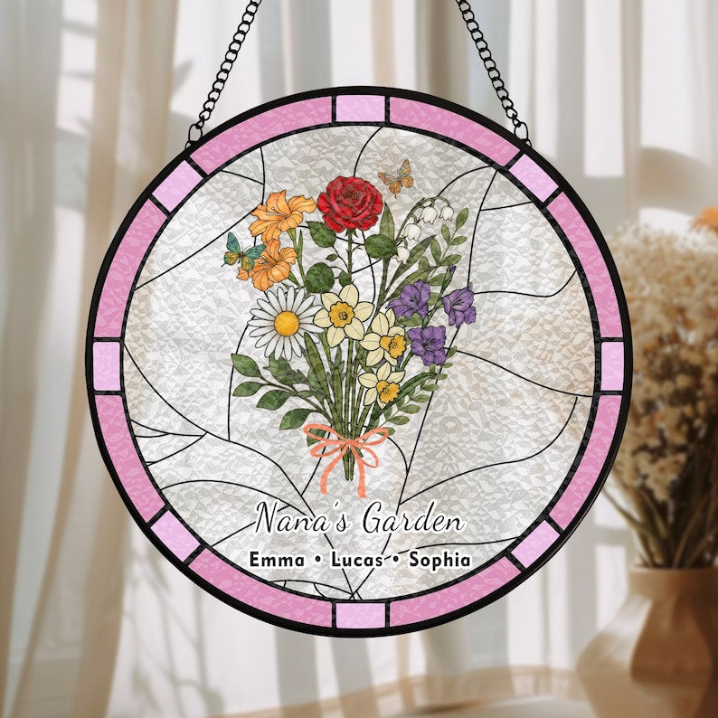 Custom Family Birth Flower Stained Glass Suncatcher | Personalized Birth Month Window Hanging Gift for Mom Grandma | Handmade Floral Decor