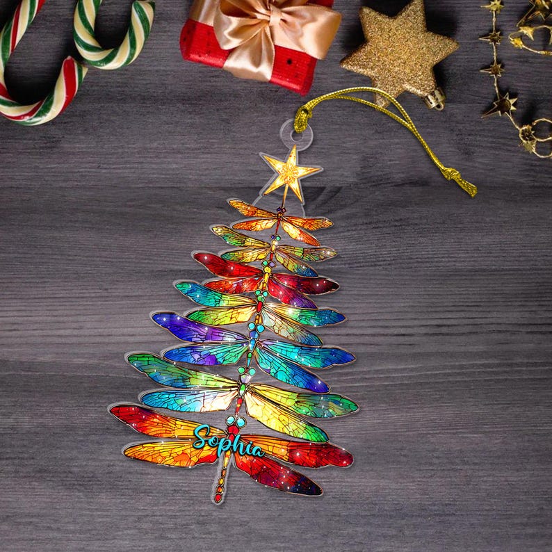 Personalized Dragonfly Christmas Ornament 2D Flat, Dragonfly Stained Glass Tree Design, Rainbow Dragonfly Holiday Gift, Dragonfly Tree Decor