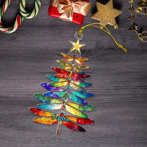 Personalized Dragonfly Christmas Ornament 2D Flat, Dragonfly Stained Glass Tree Design, Rainbow Dragonfly Holiday Gift, Dragonfly Tree Decor