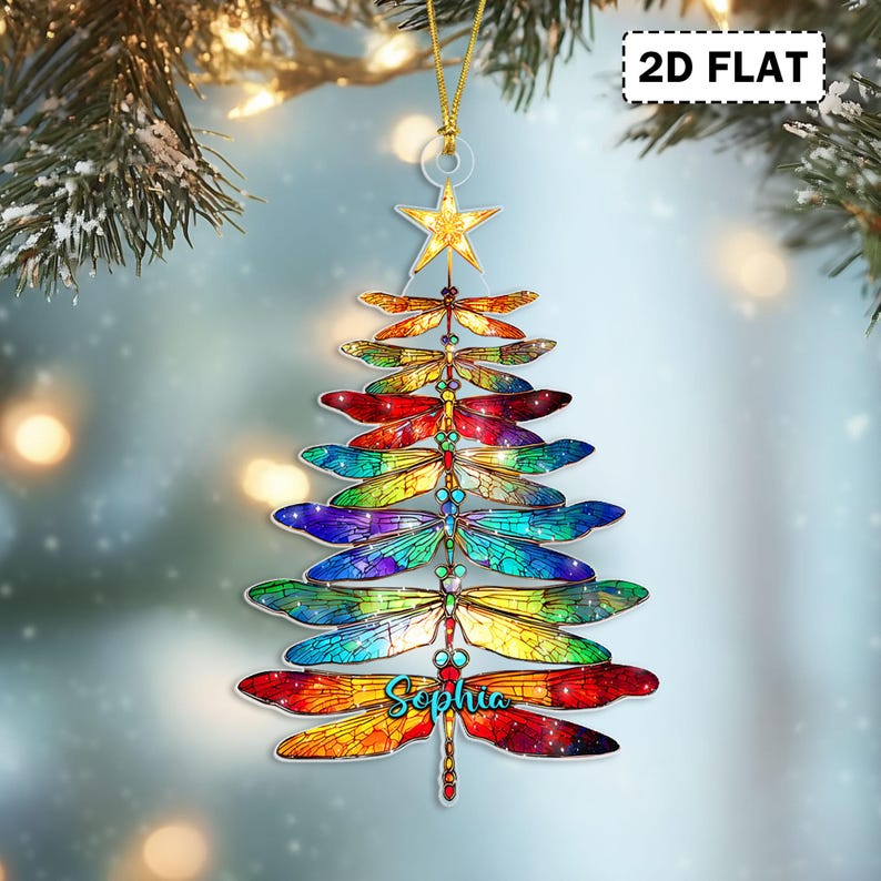 Personalized Dragonfly Christmas Ornament 2D Flat, Dragonfly Stained Glass Tree Design, Rainbow Dragonfly Holiday Gift, Dragonfly Tree Decor