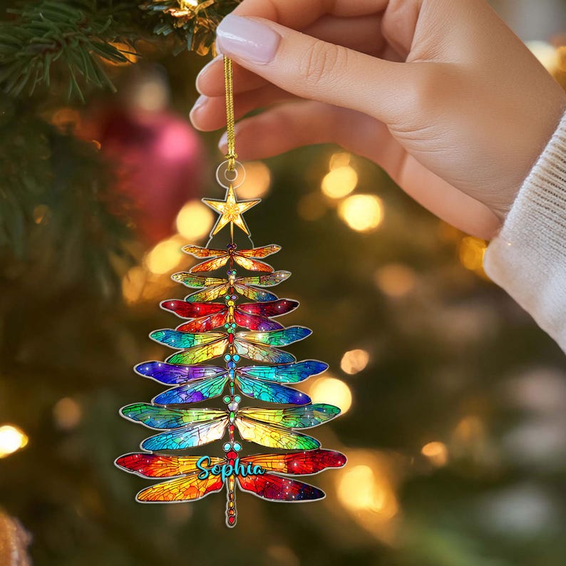 Personalized Dragonfly Christmas Ornament 2D Flat, Dragonfly Stained Glass Tree Design, Rainbow Dragonfly Holiday Gift, Dragonfly Tree Decor