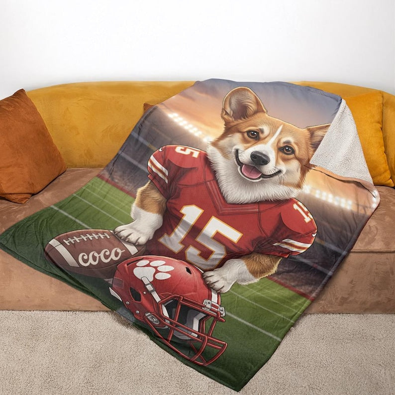 Custom Pet Sports Blanket | Personalized Dog Football Fleece Throw | Pet Portrait Stadium Decor
