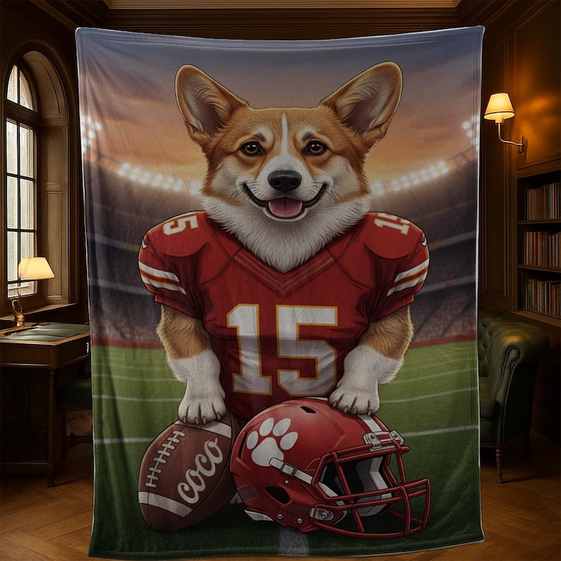 Custom Pet Sports Blanket | Personalized Dog Football Fleece Throw | Pet Portrait Stadium Decor