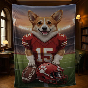Custom Pet Sports Blanket | Personalized Dog Football Fleece Throw | Pet Portrait Stadium Decor