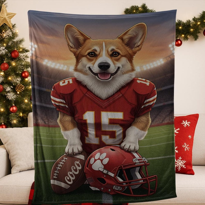 Custom Pet Sports Blanket | Personalized Dog Football Fleece Throw | Pet Portrait Stadium Decor