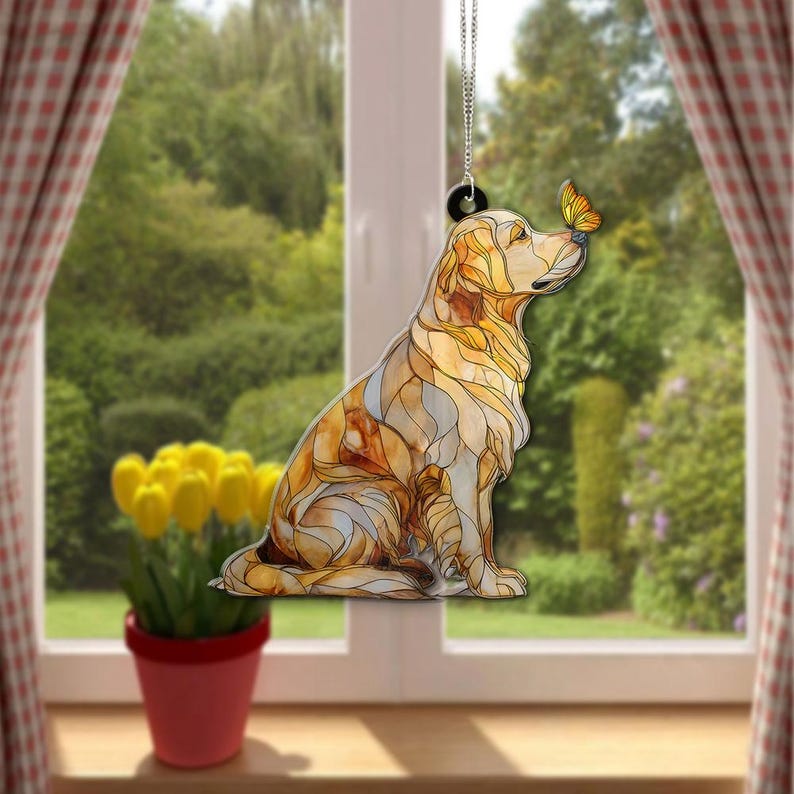 Golden Retriever ACRYLIC Suncatcher Faux Stained Glass, Dog Memorial Gift, Pet Loss Gift, Window Decor, Golden Dog Ornament with Butterfly