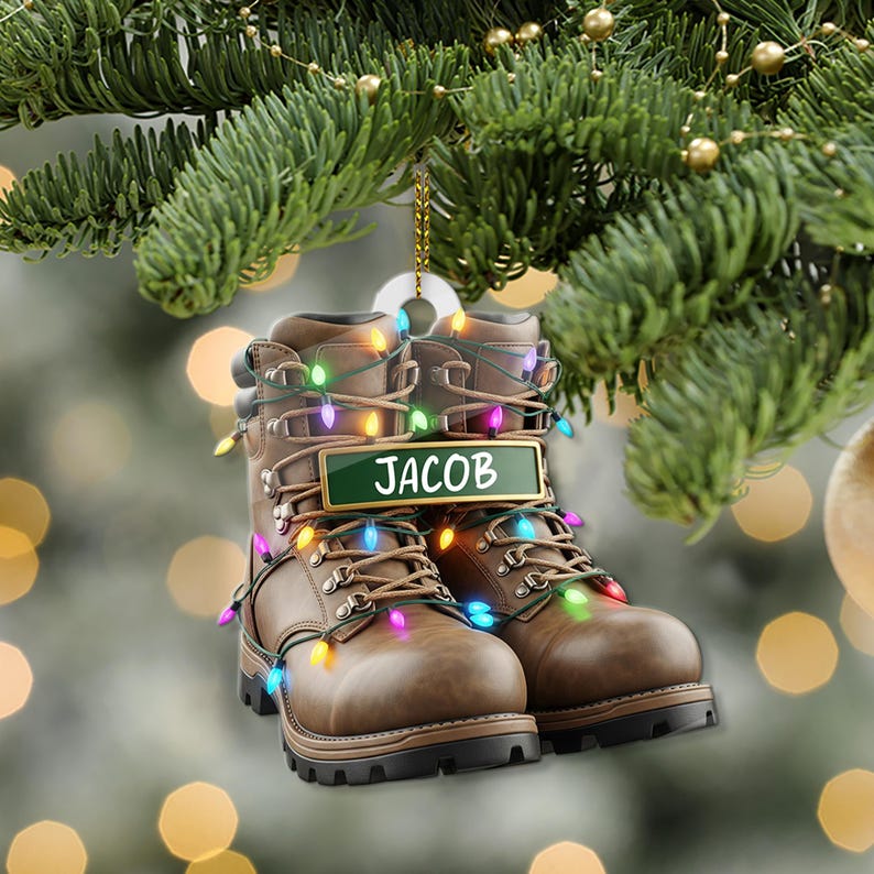 PERSONALIZABLE Work Boots Ornament, CUSTOM Gift for Him, Construction Worker Christmas Tree Decor,Tradesman gift, Acrylic Holiday Ornament