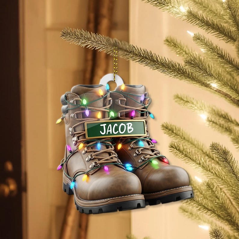 PERSONALIZABLE Work Boots Ornament, CUSTOM Gift for Him, Construction Worker Christmas Tree Decor,Tradesman gift, Acrylic Holiday Ornament