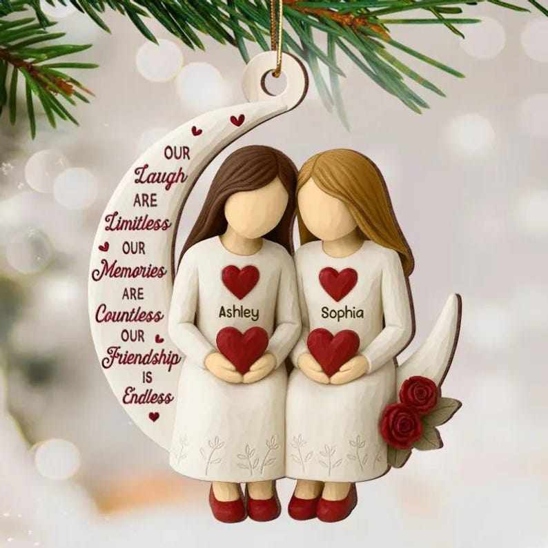 Custom Besties On Moon 3D Effect Roses Wood Ornament, Christmas Friendship Ornament, Besties Christmas Keepsake, Best Friends Home Decor