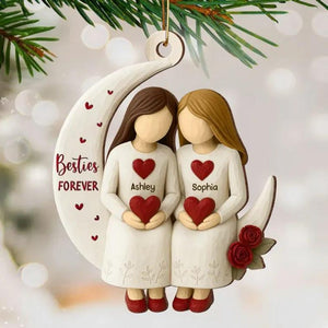 Custom Besties On Moon 3D Effect Roses Wood Ornament, Christmas Friendship Ornament, Besties Christmas Keepsake, Best Friends Home Decor