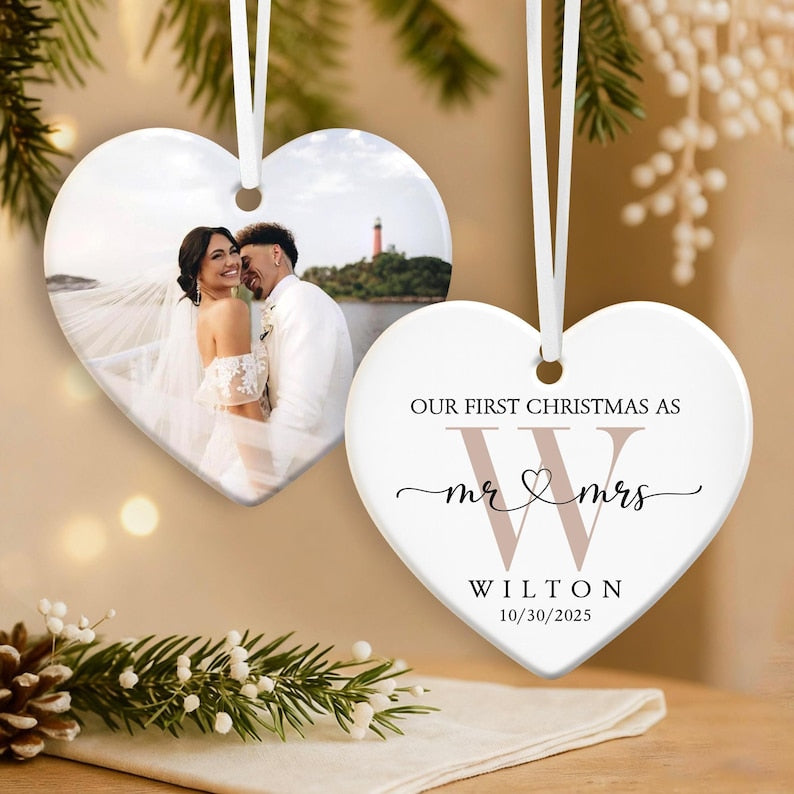 Personalized First Christmas Married Ornament, Custom Photo Couple Ornament, Our First Christmas As Mr & Mrs Ornament, Gift for Newlywed