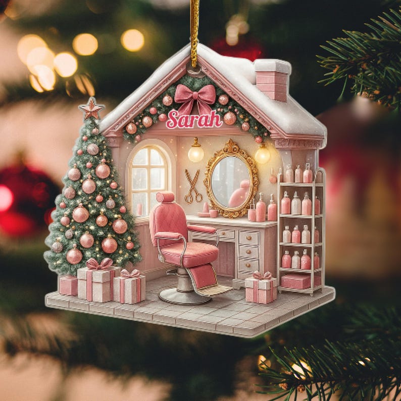 Personalized Hair Salon Christmas Ornament 2D Flat Acrylic Ornament For Hairdressers Hair Stylist Gifts Custom Name Hair Salon Decor