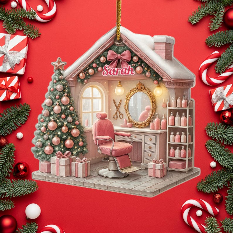 Personalized Hair Salon Christmas Ornament 2D Flat Acrylic Ornament For Hairdressers Hair Stylist Gifts Custom Name Hair Salon Decor