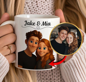 Custom 3D Animated-Style Mug, Personalised Couple Illustration Cup, Unique Couple Gift Idea, Gift for Partner, Cartoon Portrait for Couples