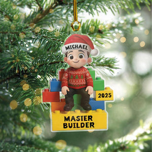 Master Builder Personalized Ornament 2025, Custom Acrylic Christmas Ornament for Kids, Lego Style Ornament Gift for Boys or Girls