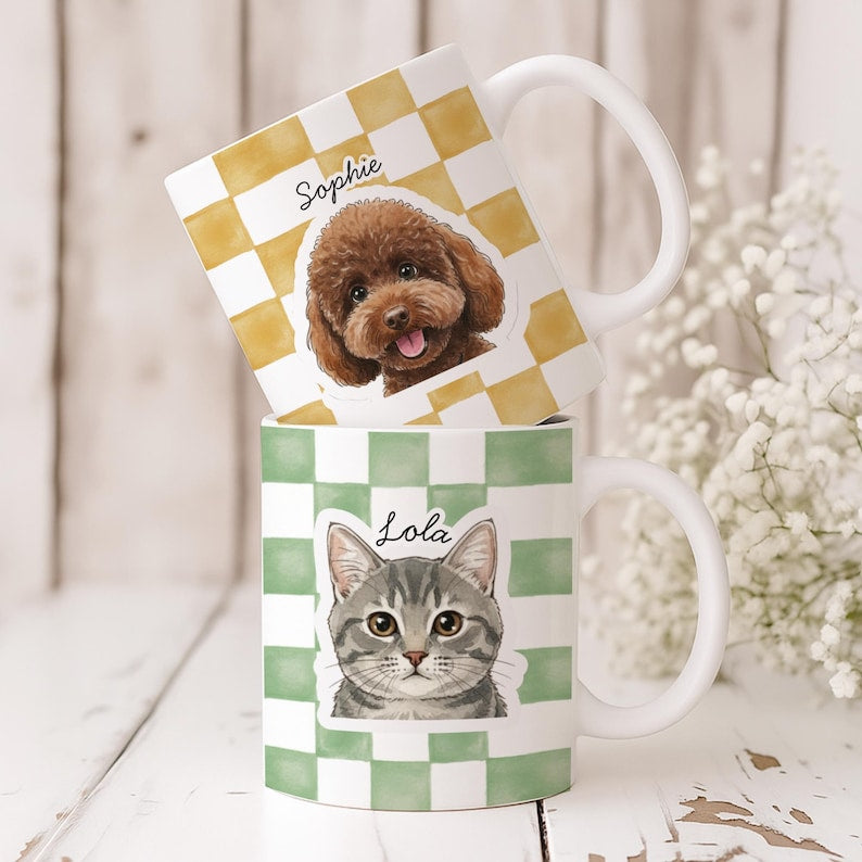 Personalized Pet Mug, Custom Checkered Dog Mug, Cat Mom Gift, Pet Portrait Mug, Custom Pet Gifts, Dog Mom Mug, Gift For Pet Owner