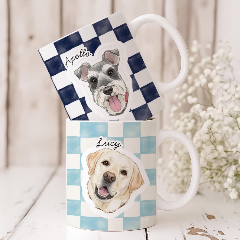 Personalized Pet Mug, Custom Checkered Dog Mug, Cat Mom Gift, Pet Portrait Mug, Custom Pet Gifts, Dog Mom Mug, Gift For Pet Owner
