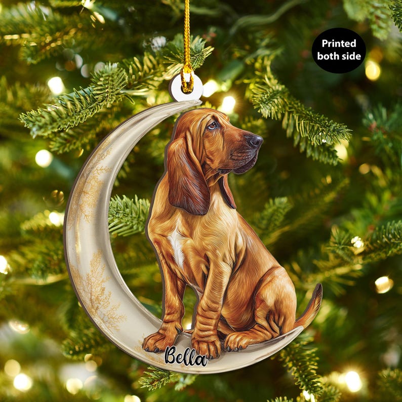 Personalized Bloodhound Dog on Moon Ash Plywood Ornament Flat 2D Cutout Holiday Tree Decor Gift Pet Lovers, Families, Puppy Keepsake