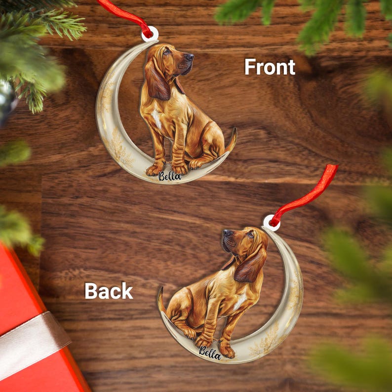 Personalized Bloodhound Dog on Moon Ash Plywood Ornament Flat 2D Cutout Holiday Tree Decor Gift Pet Lovers, Families, Puppy Keepsake