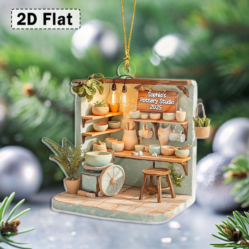 2D Flat Pottery Studio Acrylic Ornament, Personalized Clay Artist Ornament, Ceramic Maker Christmas Gift for Creatives