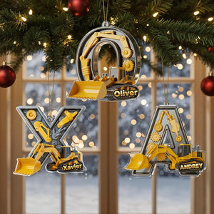 Personalized Construction Truck Letter Ornament 2025, Custom Name Acrylic Christmas Gift, Excavator Decor, Kids Xmas Sale Ornament