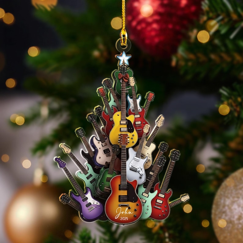 Personalized Guitar Tree Ornament, Custom Electric Guitar Christmas Decor, Music Lover Gift, Musician Gift, 2D Flat Guitar Player Keepsake