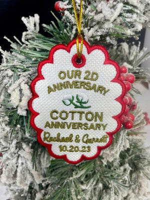Personalized 2nd Anniversary Ornament: Embroidered Cotton Wedding Gift