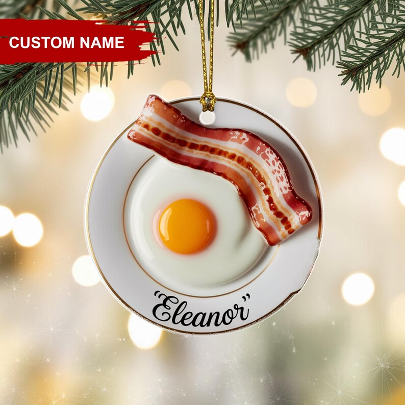 Personalized Bacon and Egg Ornament, Custom Name Breakfast Food Christmas Tree Decor, Funny Foodie Ornament Gift for Chefs and Brunch Lovers