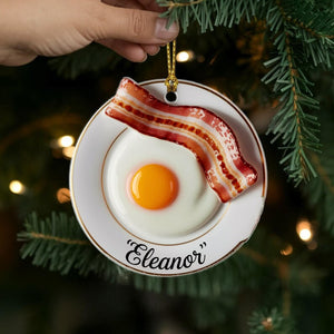 Personalized Bacon and Egg Ornament, Custom Name Breakfast Food Christmas Tree Decor, Funny Foodie Ornament Gift for Chefs and Brunch Lovers