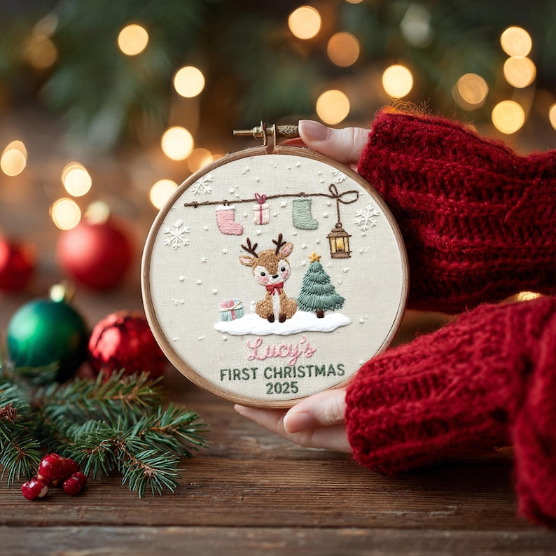 Personalized Baby s First Christmas Embroidery Hoop Ornament, Baby Embroidered Keepsake, Name Hoop, Newborn Christmas Gift, Baby Ornament
