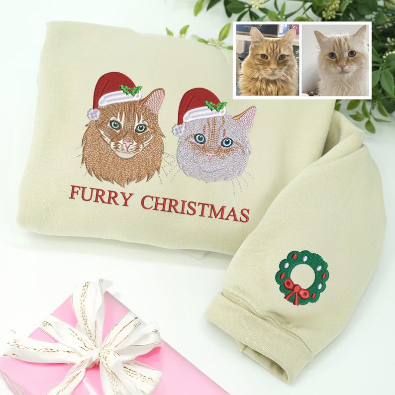 Custom Embroidered Cat Christmas Sweatshirt: Dog Santa Hat, Holiday Husky Sweatshirt for Humans, Xmas Gift