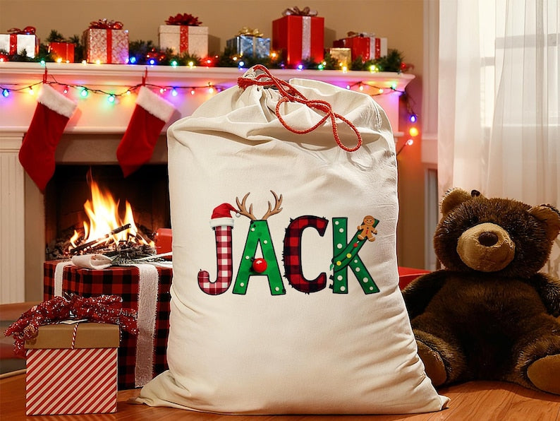 Custom Santa Sack With Name,Personalized Family Christmas Gift Bag,Monogram Christmas Present Bag,Kids Christmas Gift Bag, Xmas Stocking.