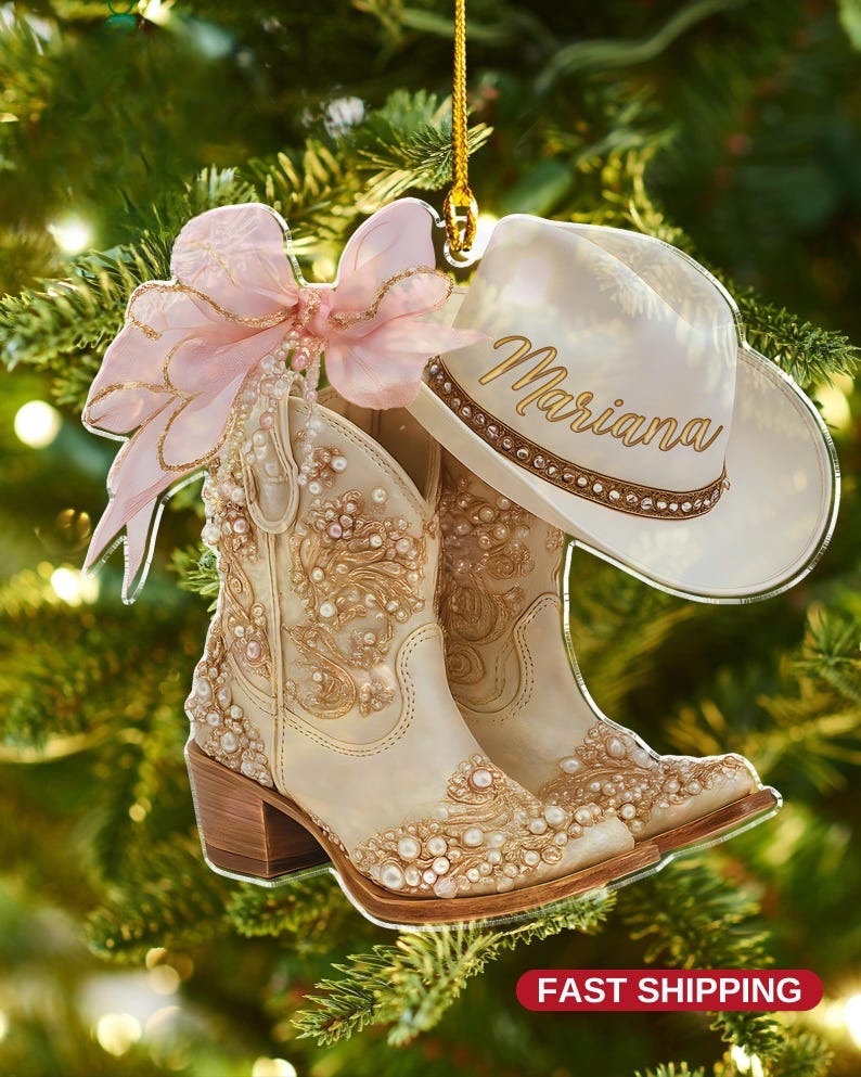 Boot Christmas Ornament, Custom Name Cowboy Cowgirl Boots Ornament, Coquette Bow Hat Gift