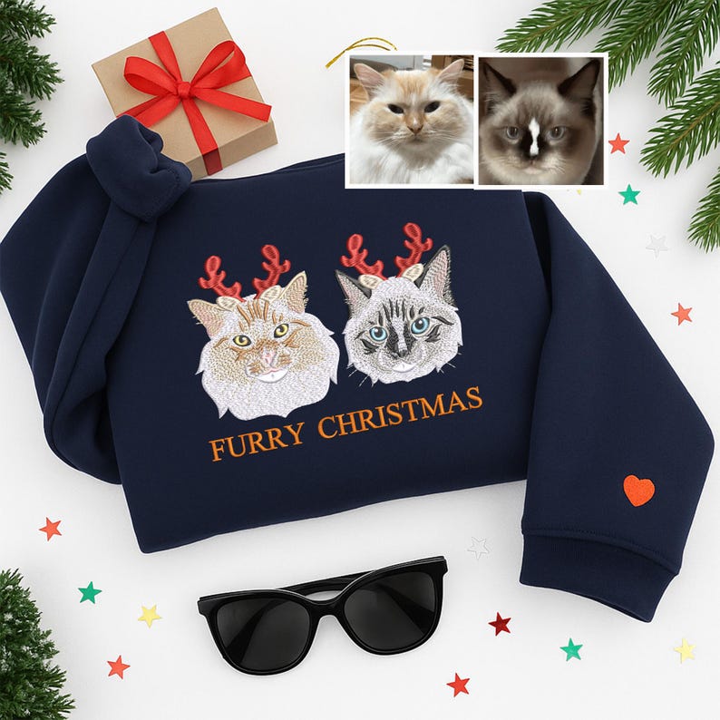 Custom Embroidered Cat Christmas Sweatshirt: Dog Santa Hat, Holiday Husky Sweatshirt for Humans, Xmas Gift
