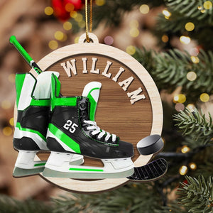Custom Name Ice Hockey Skates Christmas Ornament, Christmas Tree Hanging Decor, Flat 2D Ornament 2 layers Wooden Gift For Hockey Lovers