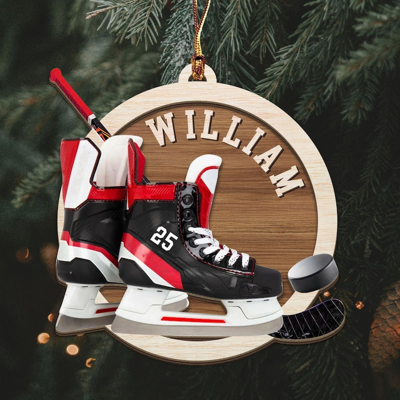 Custom Name Ice Hockey Skates Christmas Ornament, Christmas Tree Hanging Decor, Flat 2D Ornament 2 layers Wooden Gift For Hockey Lovers