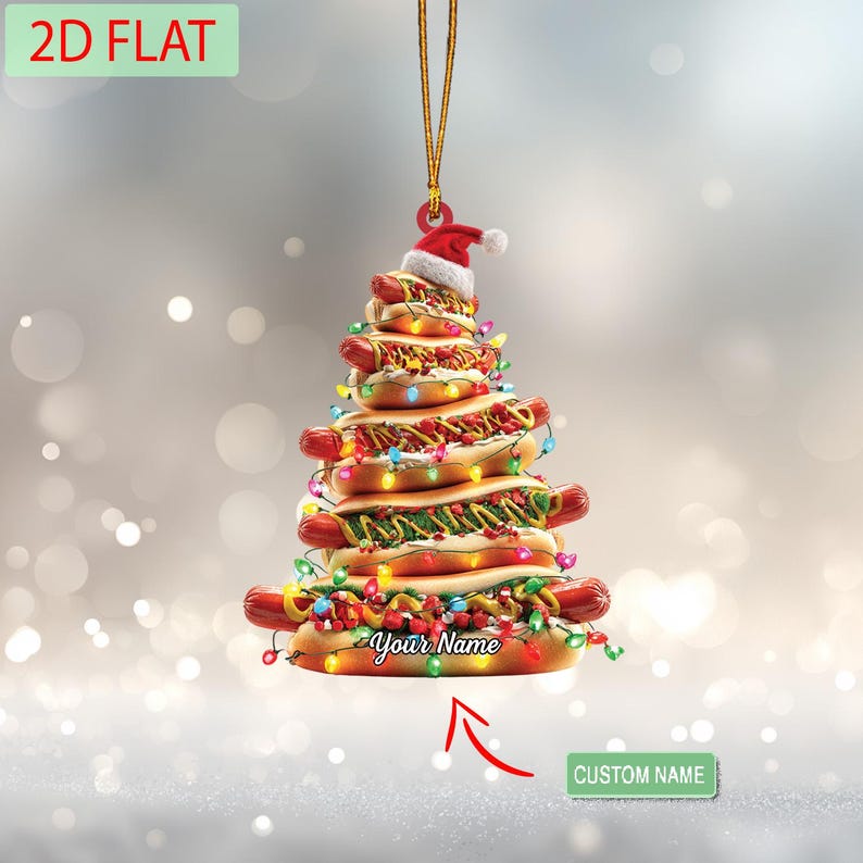 Personalized Hot Dog Ornament, Custom Name 2D Acrylic Christmas Decoration, Funny Food Lover Gift, Unique Holiday Xmas Tree Ornament