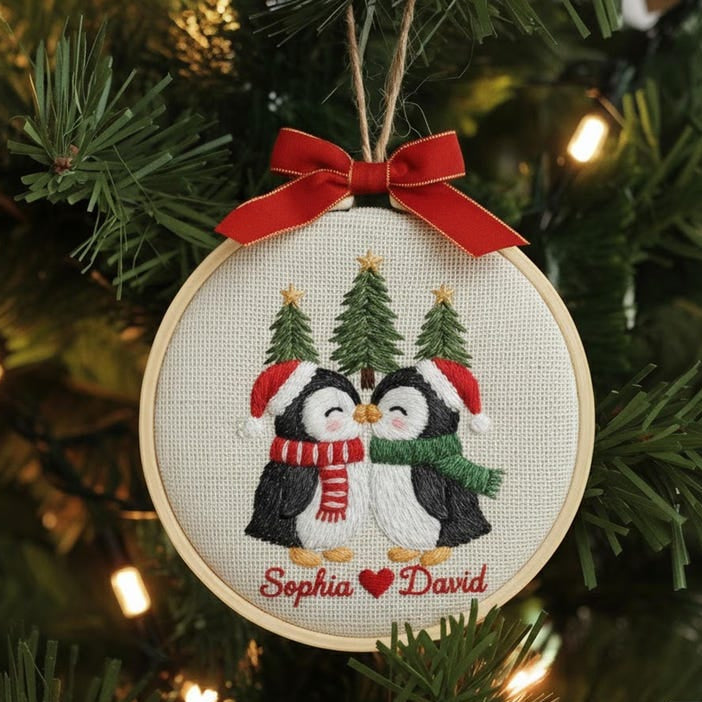 Personalized Our First Christmas Together Embroidered Ornament Custom Couple Names & Year Embroidered Penguin Holiday Keepsake