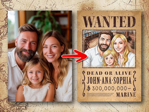 Custom Anime Wanted Poster: Personalized Pirate Portrait, Gift For Couple, Family, Anniversary Gift