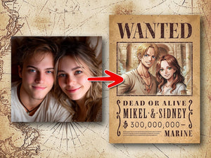 Custom Anime Wanted Poster: Personalized Pirate Portrait, Gift For Couple, Family, Anniversary Gift