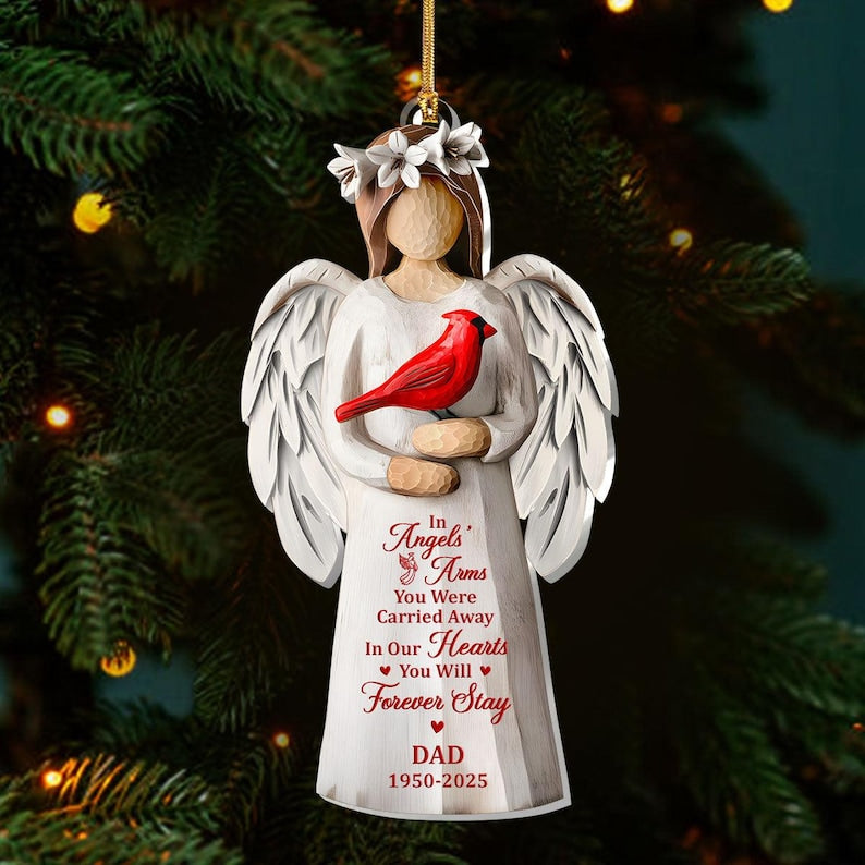 In Angels Arms Memorial Ornament,Personalized Angel with Cardinal Acrylic Keepsake, Custom Remembrance Christmas Gift for Loss of Loved