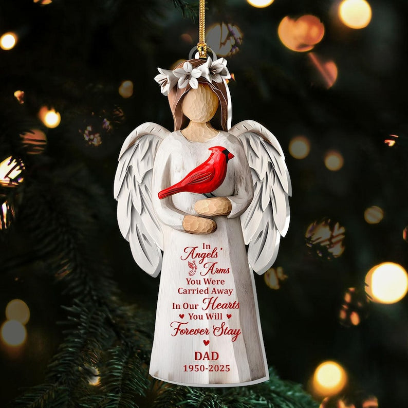 In Angels Arms Memorial Ornament,Personalized Angel with Cardinal Acrylic Keepsake, Custom Remembrance Christmas Gift for Loss of Loved