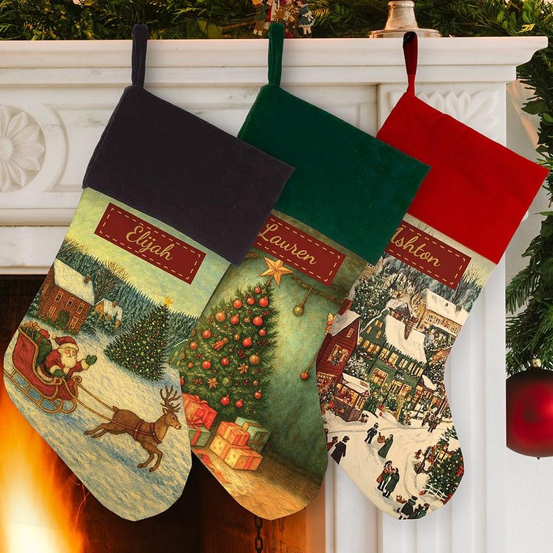 Vintage Personalized Christmas Stocking, Nostalgic Holiday Decor, Custom Name Fireplace Stocking, Family Stockings, Christmas Scenes