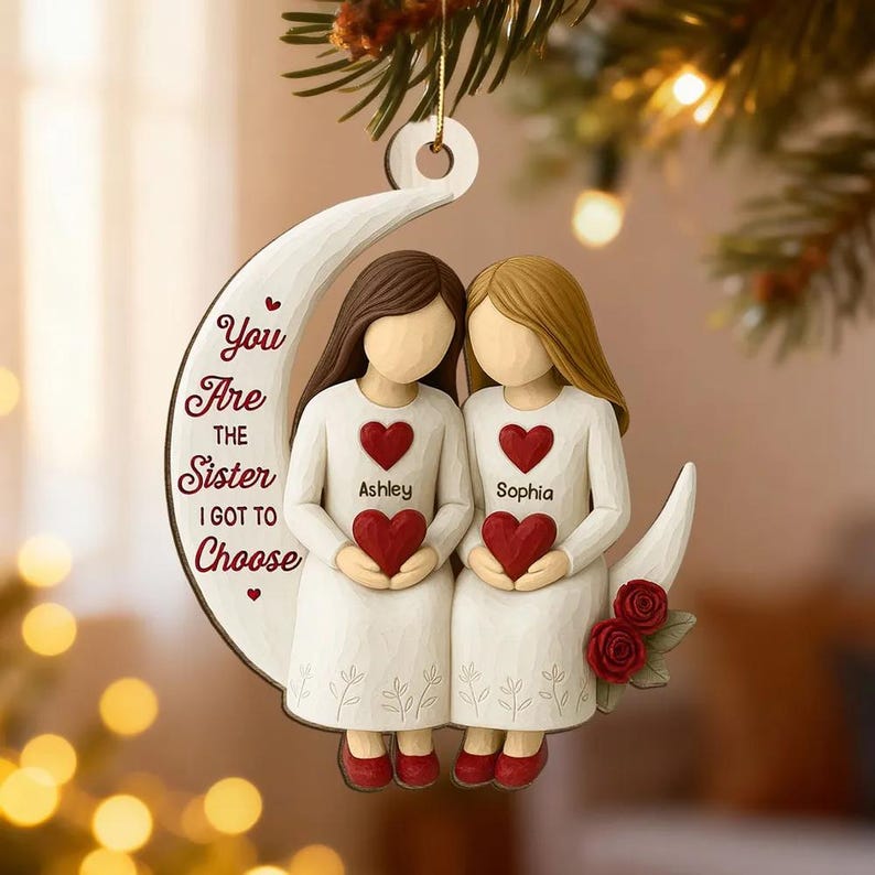 Custom Besties On Moon 3D Effect Roses Wood Ornament, Christmas Friendship Ornament, Besties Christmas Keepsake, Best Friends Home Decor