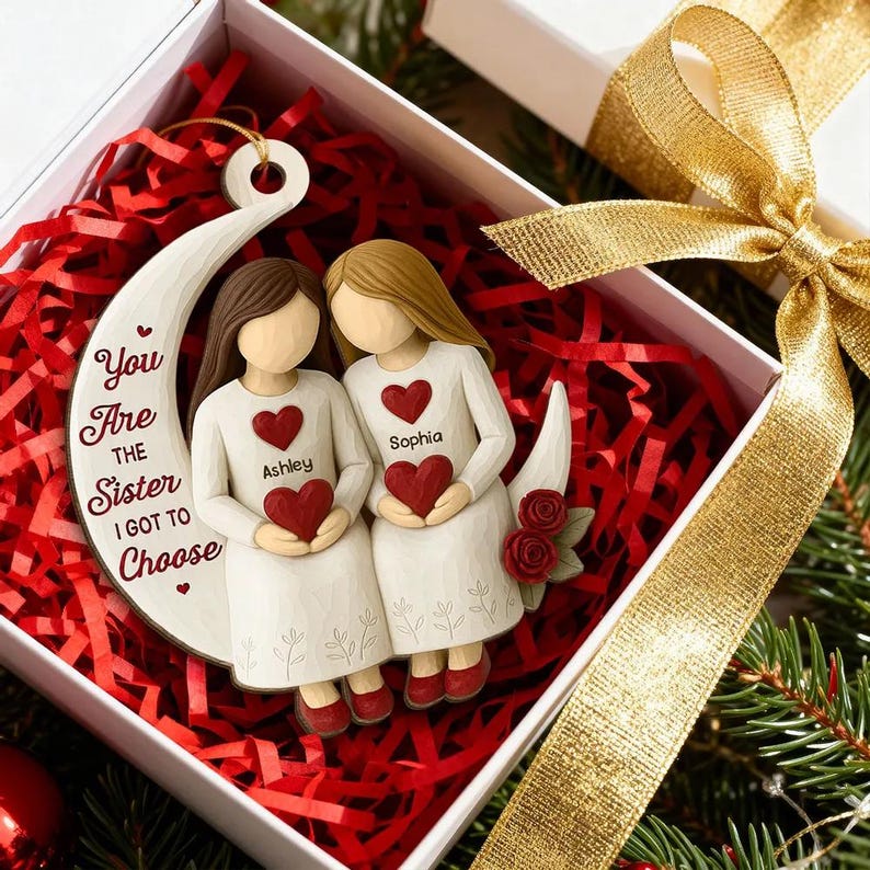 Custom Besties On Moon 3D Effect Roses Wood Ornament, Christmas Friendship Ornament, Besties Christmas Keepsake, Best Friends Home Decor