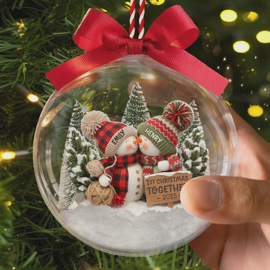 Custom Snowman Couple 3D Acrylic Ball Ornament, Personalized Anniversary Christmas Wedding Gifts For Husband And Wife, Him And Her