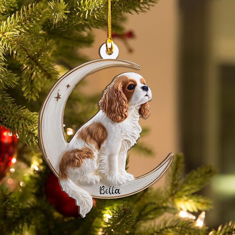 Personalized Cavalier King Charles Spaniel Dog on Moon Acrylic Ornament Flat 2D Cutout Holiday Tree Decor Gift Pet Lovers Puppy Keepsake