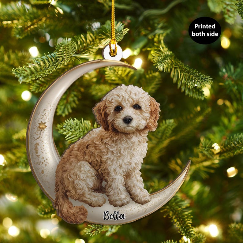 Personalized Cockapoo Dog on Moon Acrylic Ornament Flat 2D Cutout Holiday Tree Decor Gift Pet Lovers Families Puppy Keepsake