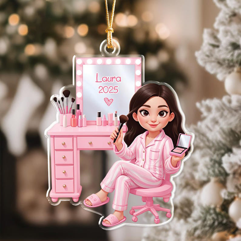 Custom Girls Makeup Table Ornament, Personalized Makeup Artist Ornament, Beauty Lover Gift, Pink Christmas Gifts, Acrylic Cosmetic Ornament