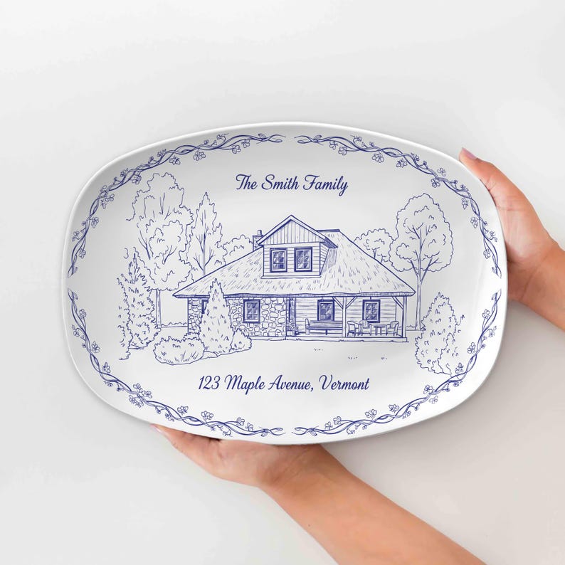 Personalized House Photo Platter: Custom Chinoiserie Style Decor Plate